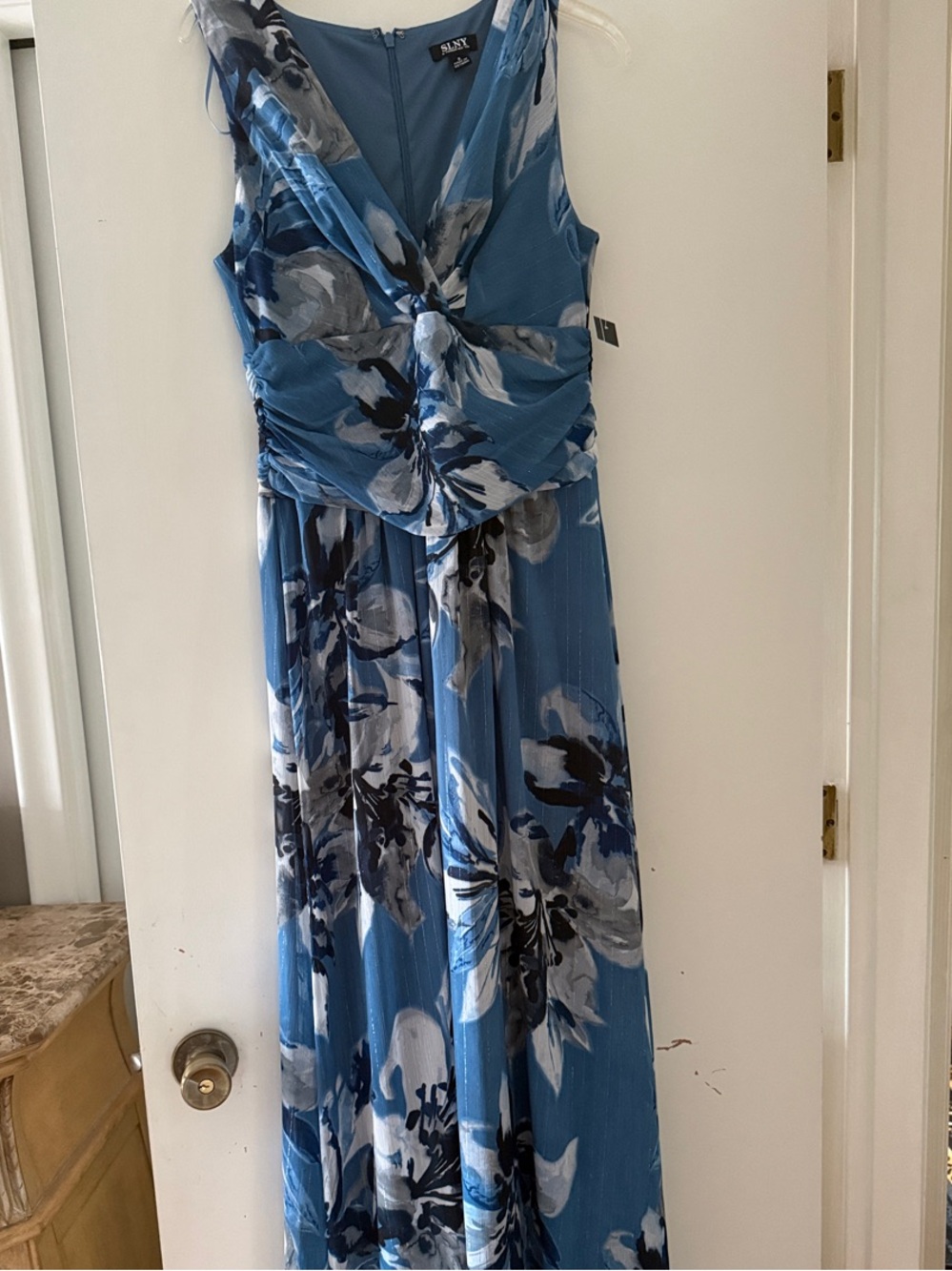 SLNY Blue and White Floral Twist-Front Maxi Dress